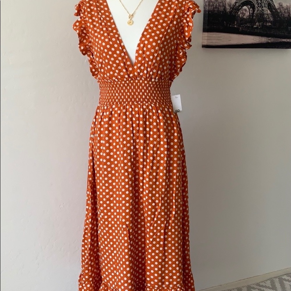 BP Orange Polka Dot Ruffle Midi Smocked Dress